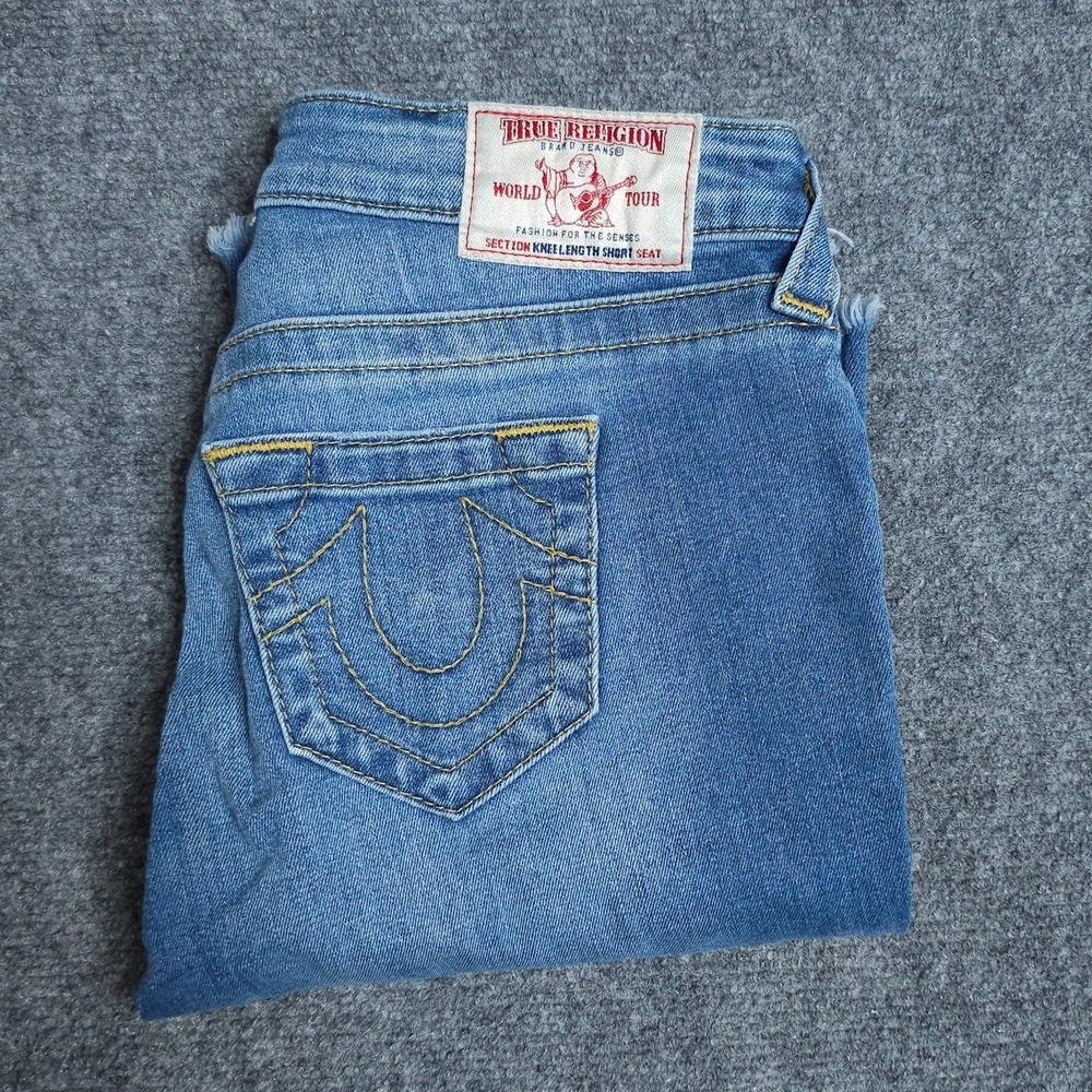 True Religion Jean Shorts Womens 26 Blue Bermuda Distressed Denim Stretch Jorts - Picture 1 of 8